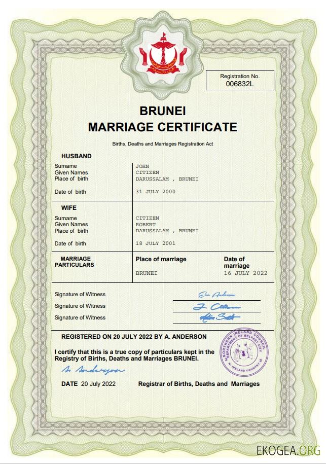 Modèle Word et PDF de certificat de mariage au Brunei